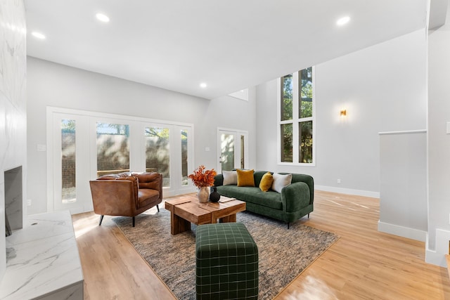 living room featuring a wealth of natural light and light wood-type flooring