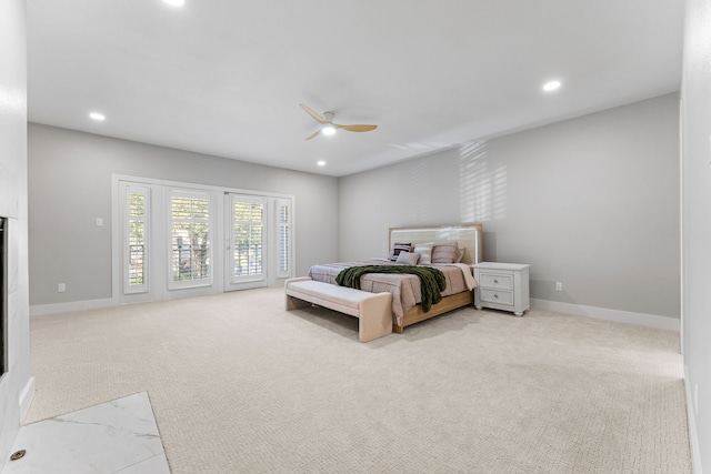 carpeted bedroom with access to outside and ceiling fan