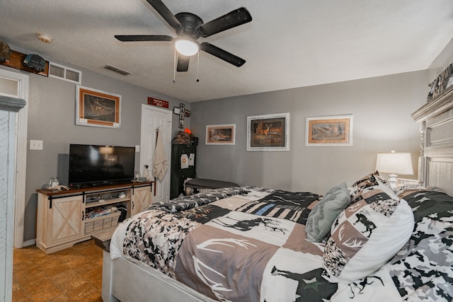 bedroom with ceiling fan and a fireplace