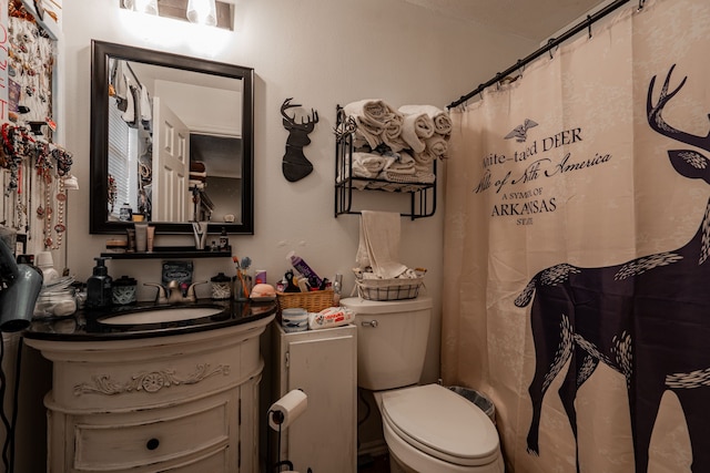 bathroom with vanity, a shower with shower curtain, and toilet