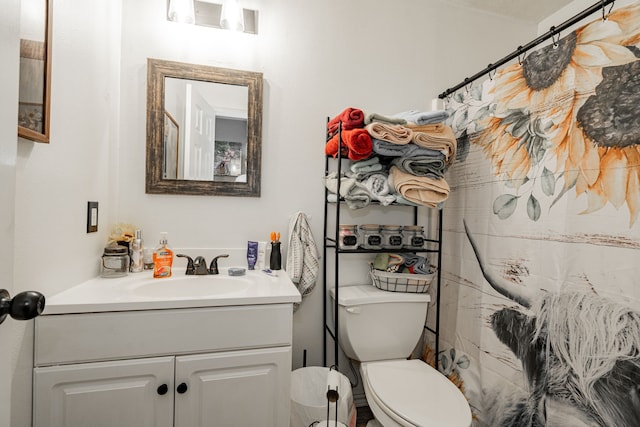 bathroom featuring vanity, toilet, and a shower with curtain