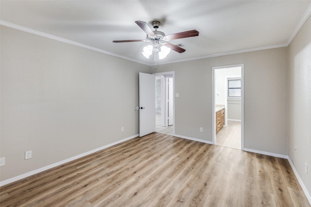 unfurnished bedroom with connected bathroom, ornamental molding, ceiling fan, and light wood-type flooring