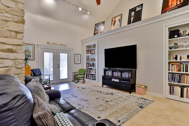 living room with french doors, high vaulted ceiling, built in features, and light tile patterned floors