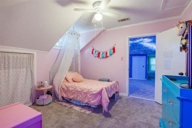 carpeted bedroom with ornamental molding, multiple windows, and ceiling fan