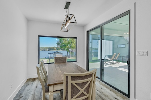 dining room featuring light hardwood / wood-style flooring, a notable chandelier, and a water view