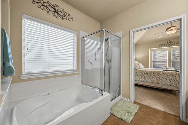 bathroom featuring tile patterned floors, ceiling fan, and independent shower and bath