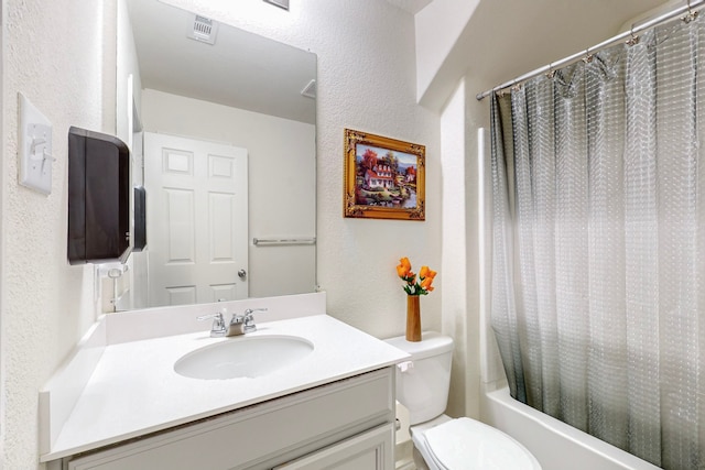 full bathroom featuring vanity, toilet, and shower / bathtub combination with curtain