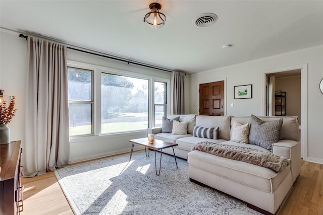 living area featuring light wood-style floors, ornamental molding, and baseboards