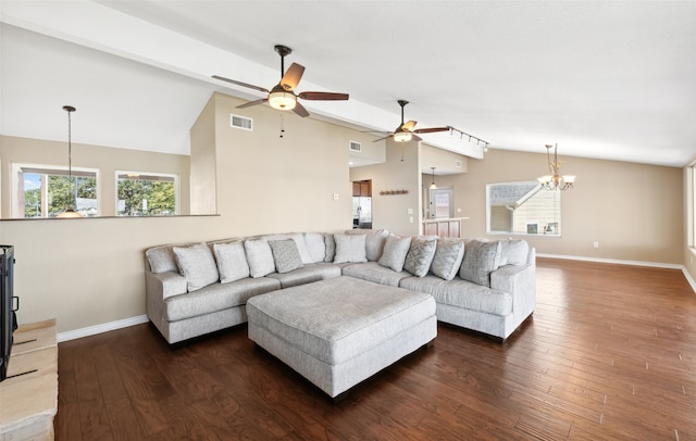 living room with ceiling fan with notable chandelier, vaulted ceiling with beams, and dark hardwood / wood-style floors