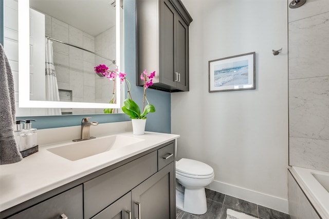 full bathroom featuring vanity, shower / bath combination with curtain, and toilet