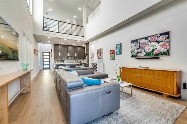 living room featuring light hardwood / wood-style floors and a high ceiling