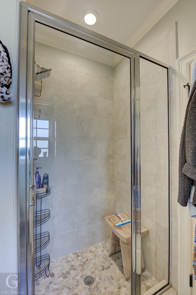 bathroom featuring crown molding, tile patterned floors, and a shower with shower door