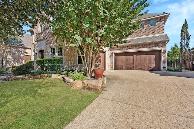 view of front of property featuring a front yard and a garage