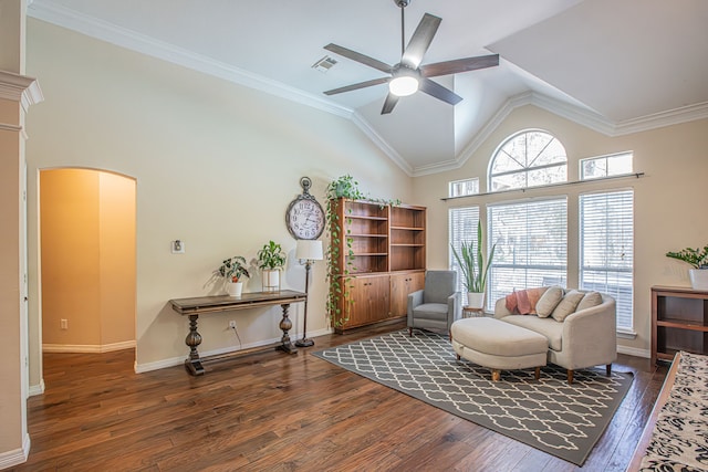 living room with crown molding, high vaulted ceiling, dark wood-type flooring, and ceiling fan