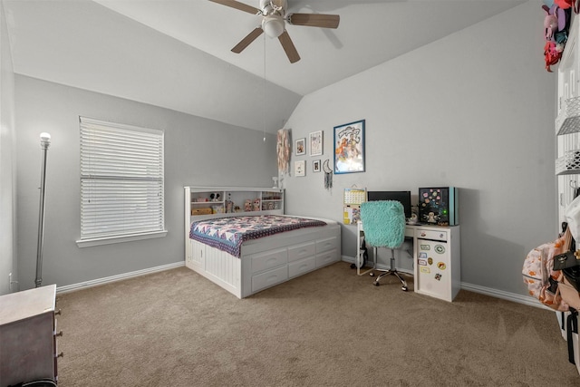 bedroom featuring light carpet, ceiling fan, and vaulted ceiling