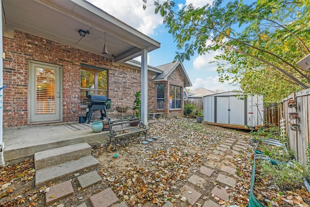 view of yard with a patio and a storage shed