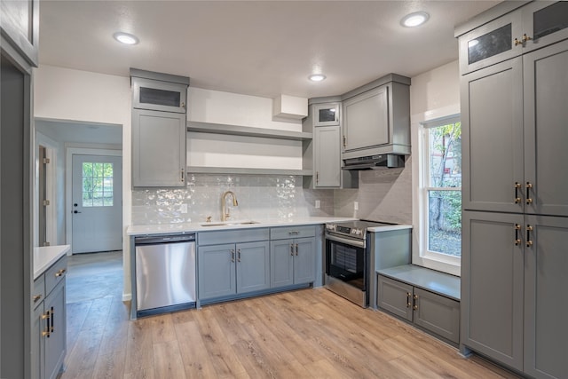 kitchen featuring appliances with stainless steel finishes, light wood-type flooring, a healthy amount of sunlight, and sink