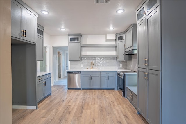 kitchen featuring backsplash, stainless steel appliances, light hardwood / wood-style flooring, and sink