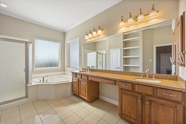 bathroom featuring ornamental molding, vanity, separate shower and tub, and tile patterned flooring