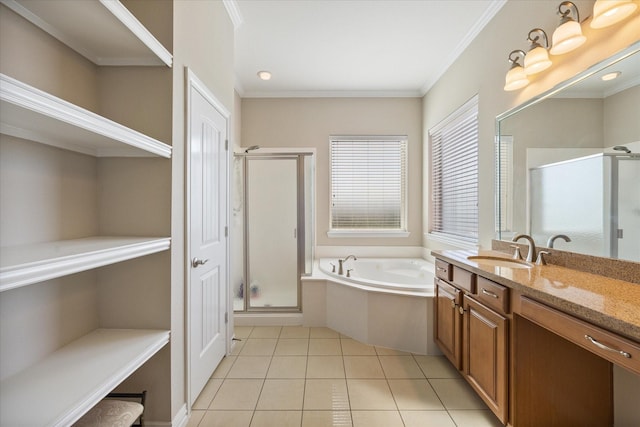 full bathroom with vanity, a bath, a stall shower, ornamental molding, and tile patterned flooring
