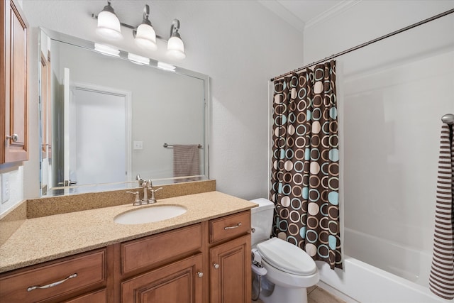 full bathroom featuring shower / tub combo, vanity, ornamental molding, and toilet