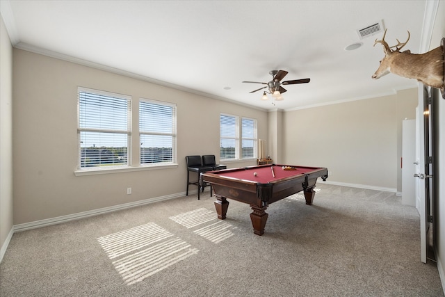 rec room featuring pool table, light colored carpet, plenty of natural light, and ornamental molding