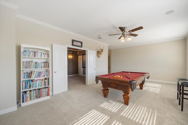 rec room with crown molding, light carpet, ceiling fan, and billiards