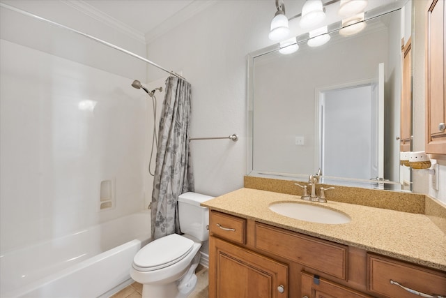 full bathroom with vanity, shower / bath combo, ornamental molding, and toilet