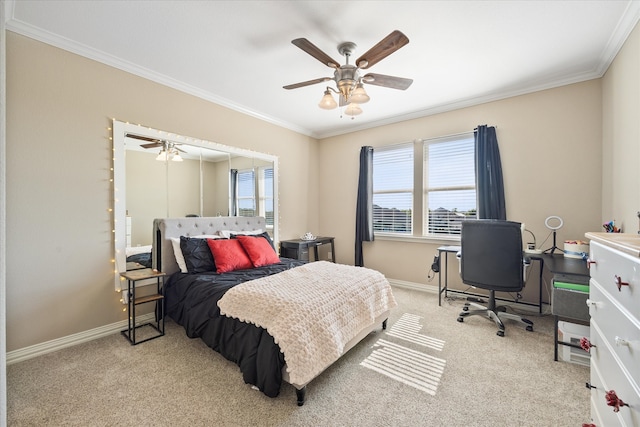 carpeted bedroom featuring crown molding, ceiling fan, and multiple windows