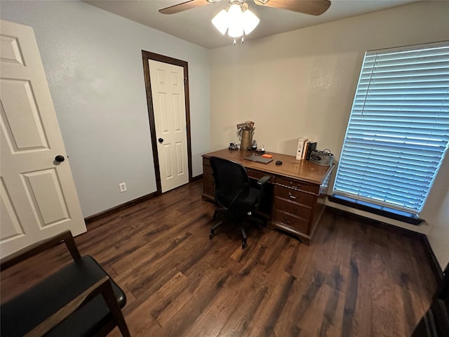 office area with ceiling fan and dark wood-type flooring