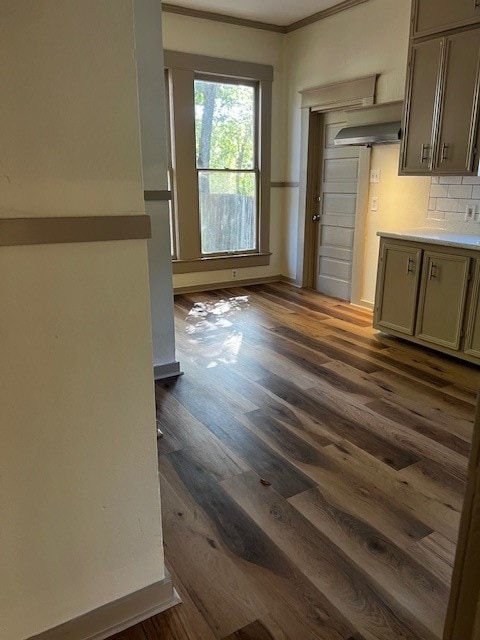 unfurnished dining area with crown molding and dark hardwood / wood-style floors