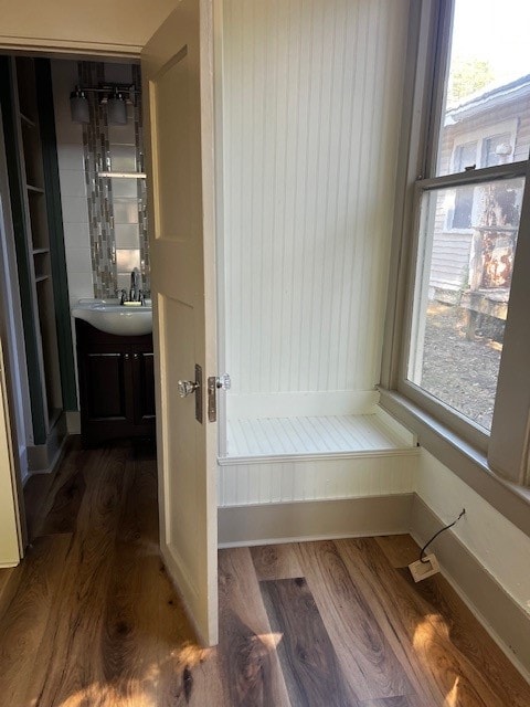 bathroom with vanity and wood-type flooring