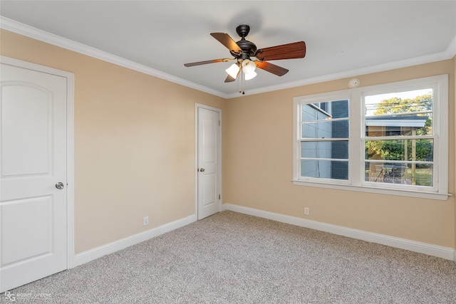 unfurnished bedroom featuring ceiling fan, carpet flooring, and ornamental molding