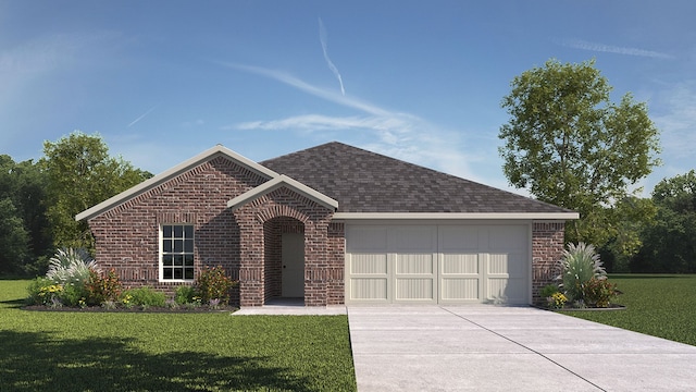 ranch-style home featuring a front yard and a garage