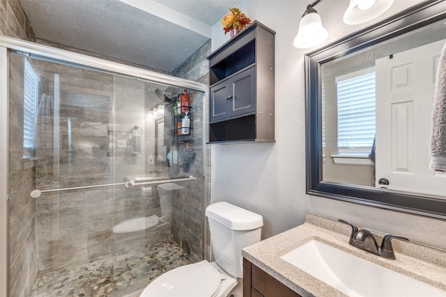 bathroom with vanity, toilet, and a shower with door