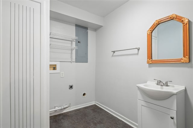 interior space featuring sink, electric panel, electric dryer hookup, and hookup for a washing machine