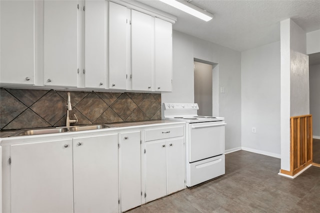 kitchen with decorative backsplash, white cabinetry, sink, and electric range