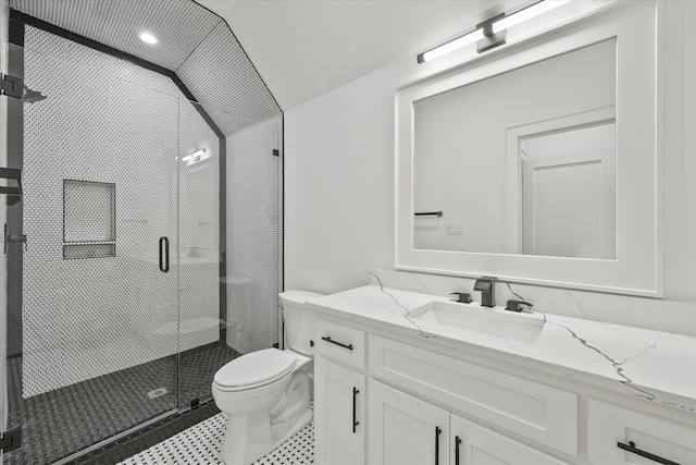 bathroom featuring vanity, lofted ceiling, toilet, and walk in shower