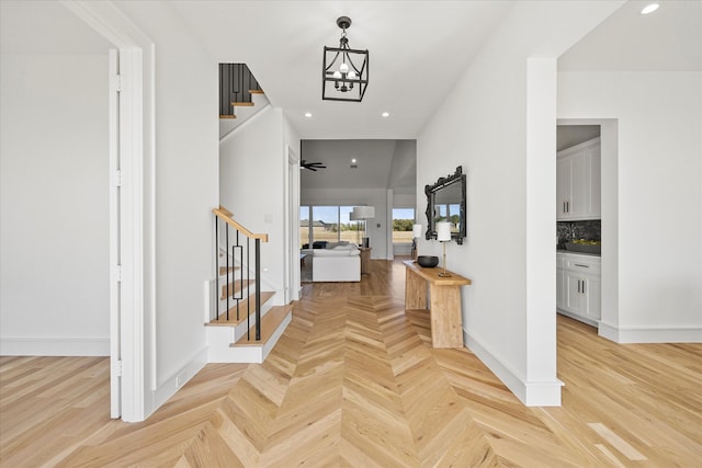 foyer featuring light parquet flooring