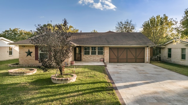 ranch-style home with a front lawn and a garage