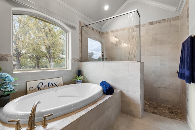 bathroom with independent shower and bath, vaulted ceiling, ornamental molding, and tile patterned flooring