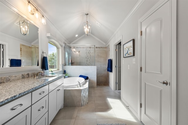 bathroom featuring crown molding, vanity, a notable chandelier, tile patterned floors, and separate shower and tub