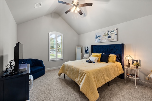 carpeted bedroom featuring ceiling fan and lofted ceiling