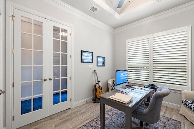 office space featuring ornamental molding, ceiling fan, and french doors