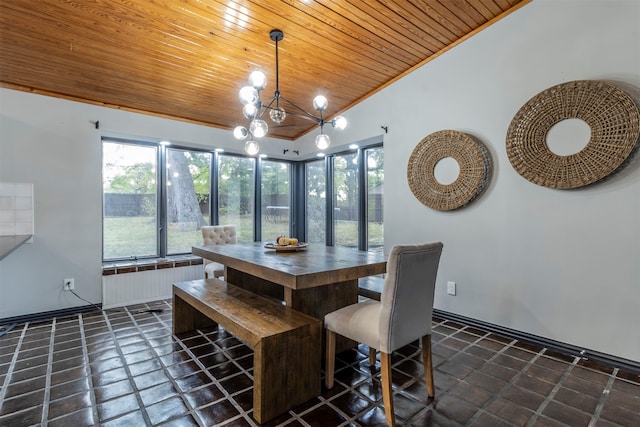 dining space featuring lofted ceiling, radiator heating unit, an inviting chandelier, and wooden ceiling