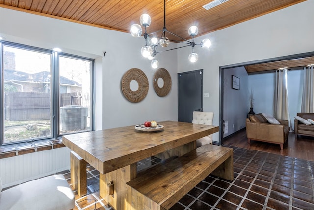 dining area with a chandelier, wooden ceiling, and dark wood-type flooring