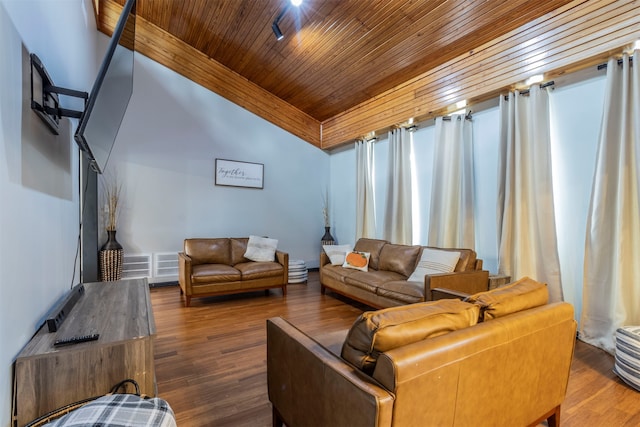 living room featuring wooden ceiling and dark hardwood / wood-style flooring