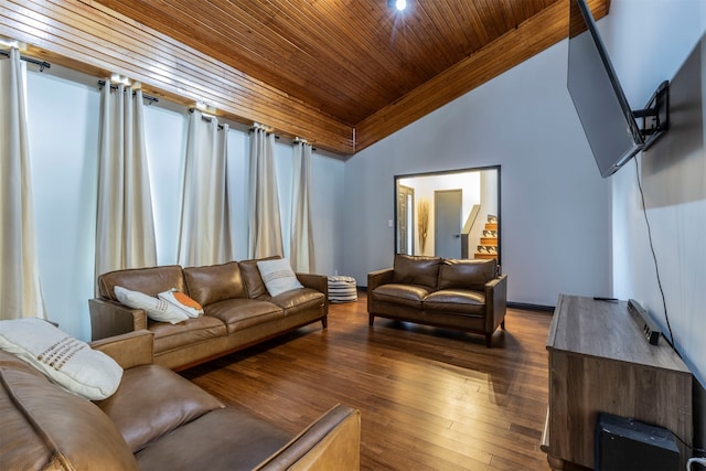 living room with wood ceiling, dark wood-type flooring, and lofted ceiling