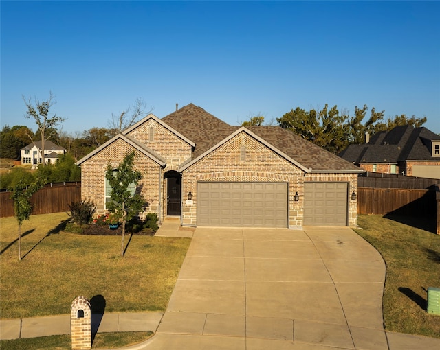 view of front of property with a front yard and a garage