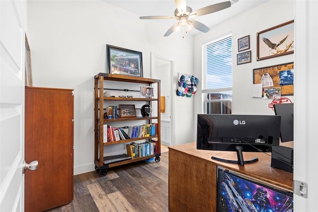 office space with dark wood-type flooring and ceiling fan